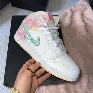 Jordan 1 mids. Pink, green, yellow, and white. Very comfortable